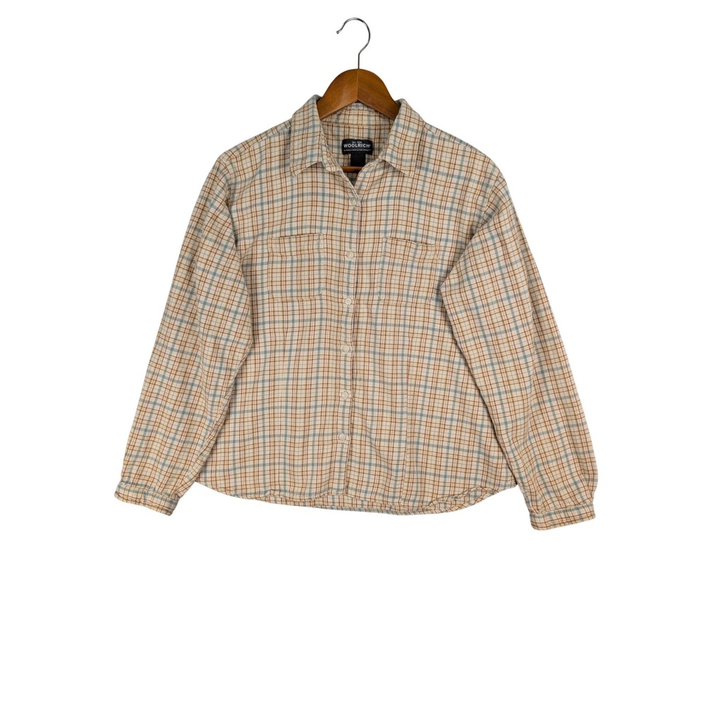 Woolrich Vintage Womens Plaid Button Down Shirt Tan Blue Flannel Long Sleeve L